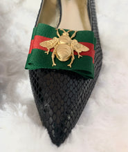 Load image into Gallery viewer, Designer Inspired Red and Green Bee Shoe Clips, Red and Green Bow Shoe Clips, Christmas Bow Shoe Clips