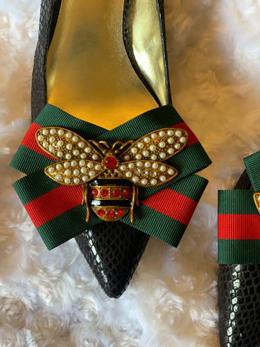 Designer Inspired Red and Green Bee Shoe Clips, Red and Green Bow Shoe Clips, Pearl Bee Bow Shoe Clips