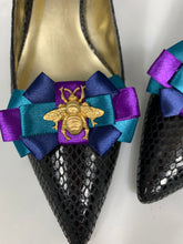 Load image into Gallery viewer, Bumblebee satin Bow Shoe Clips , Gold Bee Shoe Clips , Purple, Blue, and Green Shoe Clips , Bridesmaids gifts