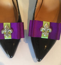 Load image into Gallery viewer, Mardi Gras Shoe Clips , Louisiana Shoe Clips ,  Purple and Green Bow Shoe Clips , Fleur de Lis Shoe Clips , LSU Gifts , Louisiana Gifts