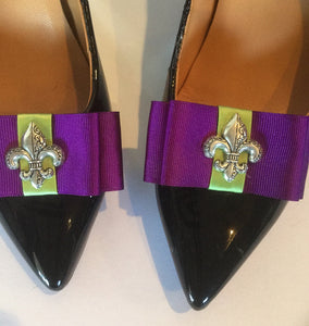 Mardi Gras Shoe Clips , Louisiana Shoe Clips ,  Purple and Green Bow Shoe Clips , Fleur de Lis Shoe Clips , LSU Gifts , Louisiana Gifts