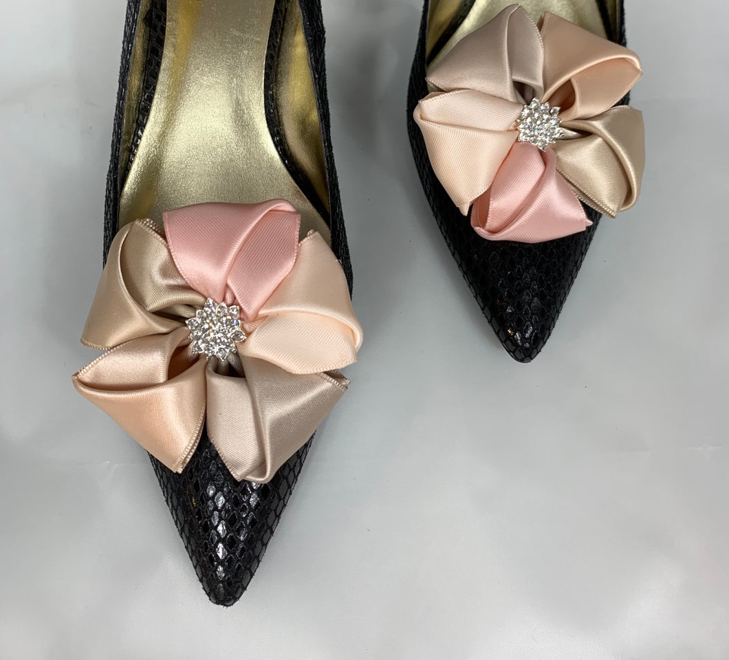 Champagne Satin Shoe Clips , Pink Satin Flower Shoe Clips , Wedding Shoe Clips , Formal Shoe Clips