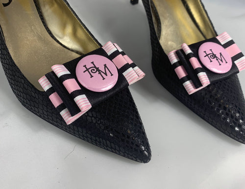 Initial Shoe Clips , Monogrammed Shoe Bow Clips, Pink and Black Bow Shoe Clips with Initials, Bridesmaids gift, Personalized Gifts for Girls