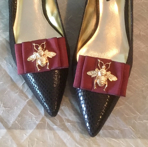 Burgandy Bumblebee Bow Shoe Clips , Gold Bee Shoe Clips , Bumblebee Shoe Clips , Wine Bow Shoe Clips