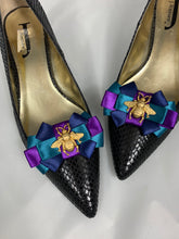 Load image into Gallery viewer, Bumblebee satin Bow Shoe Clips , Gold Bee Shoe Clips , Purple, Blue, and Green Shoe Clips , Bridesmaids gifts