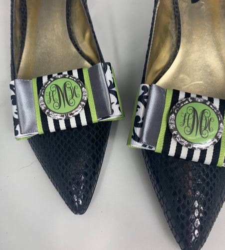 Initial Shoe Clips, Monogrammed Shoe Clips, Green and Gray Monogrammed Bow Shoe Clips with Initials, Bridesmaids Gift, Personalized Gifts