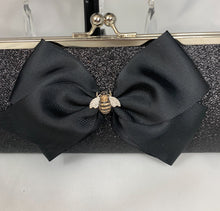 Load image into Gallery viewer, Bee Purse , Little Black Bow Purse , Black Glittery Bee Hand Clutch Purse , Formal Black Clutch Purse with Ribbons