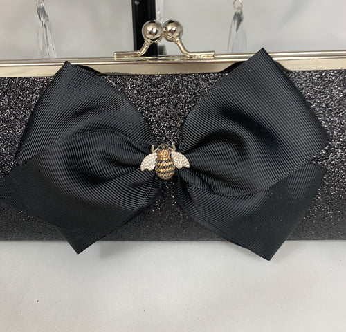 Bee Purse , Little Black Bow Purse , Black Glittery Bee Hand Clutch Purse , Formal Black Clutch Purse with Ribbons