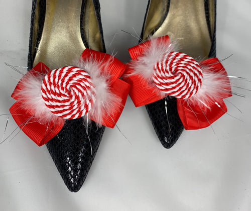 Peppermint Christmas Shoe Clips , Peppermint Shoe Clips , Holiday Shoe Clips, Red and White Bow Shoe Clips