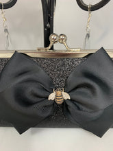 Load image into Gallery viewer, Bee Purse , Little Black Bow Purse , Black Glittery Bee Hand Clutch Purse , Formal Black Clutch Purse with Ribbons