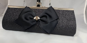 Bee Purse , Little Black Bow Purse , Black Glittery Bee Hand Clutch Purse , Formal Black Clutch Purse with Ribbons